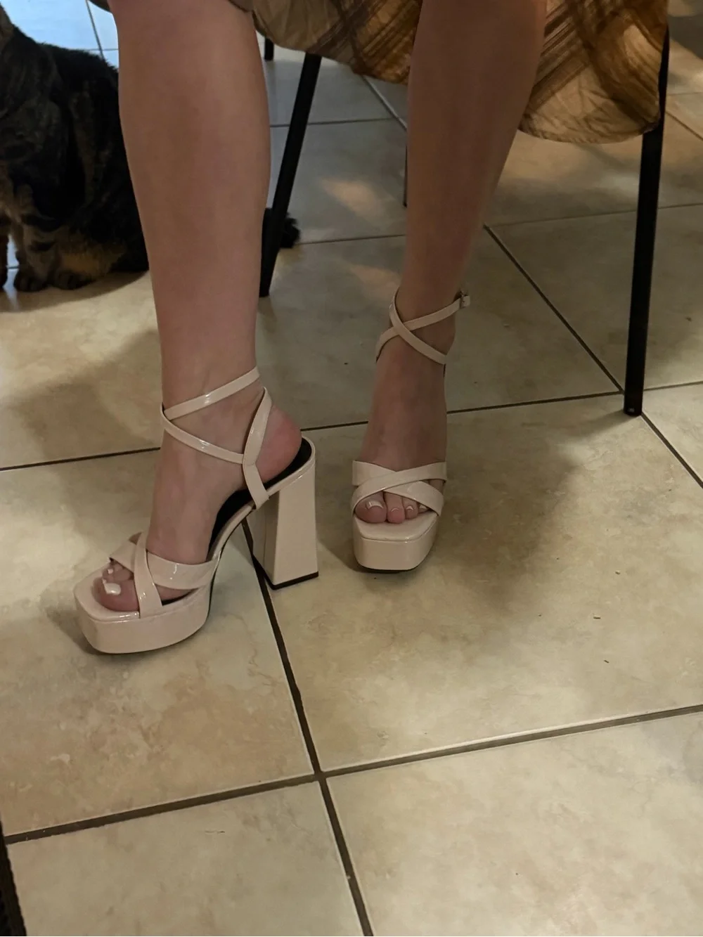 Zara Cream Patent Platform Block Heel Sandals
